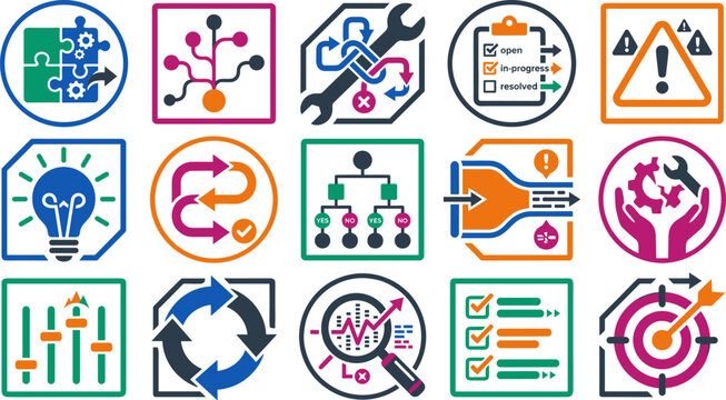 Colorful business process improvement icons set puzzle workflow troubleshooting target editable vector illustration design template background