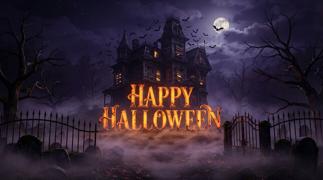 Happy Halloween Haunted Mansion with Bats, Full Moon, Fog and Spooky Gothic Forest Background