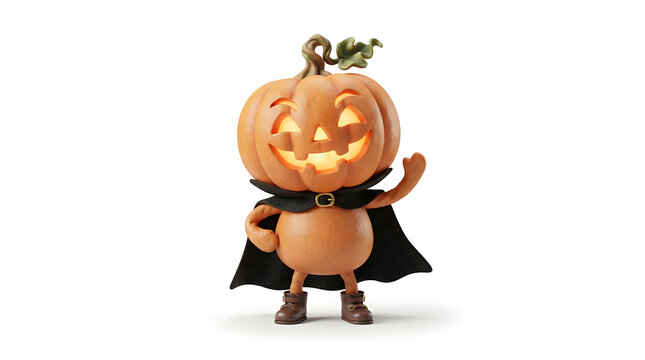 Cute Halloween Pumpkin Monster Character Wearing Black Cape and Standing Isolated on White Background