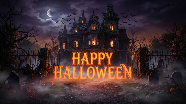 Happy Halloween Haunted Mansion Scene with Glowing Text, Fog, Full Moon and Spooky Trees