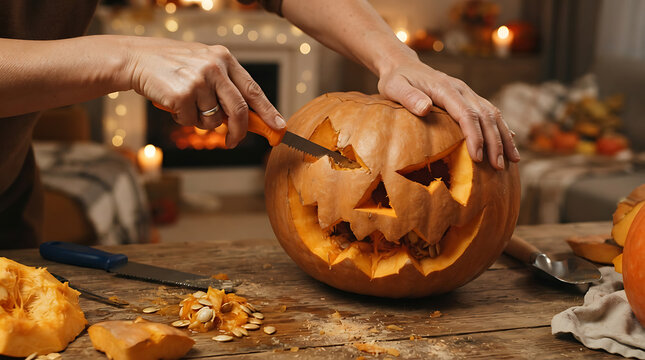 Hands Carving a Jack O Lantern Pumpkin with Knife for Halloween Celebration in Warm Cozy Home Setting