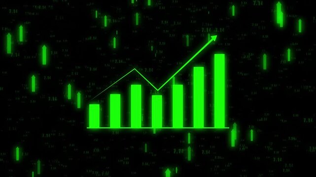 Bar chart animation shows a downward market line on dark. Stock market trading analytics track on this bar chart animation. Negative economic data marks the bar chart.