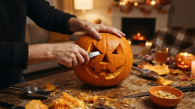 Hands Carving Jack O Lantern Pumpkin at Home for Halloween with Candlelight and Festive Decorations