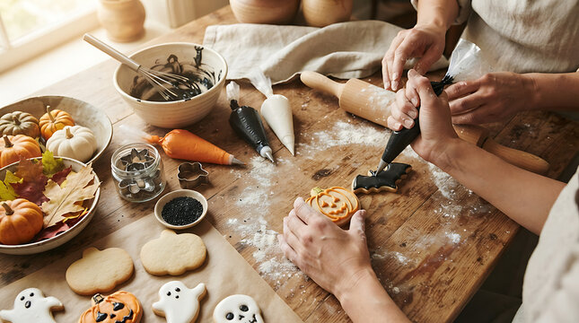 Hands Decorating Homemade Halloween Cookies with Icing and Baking Tools During Festive Autumn Activity