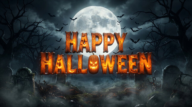 Happy Halloween Glowing Text with Full Moon, Flying Bats and Spooky Foggy Forest Background