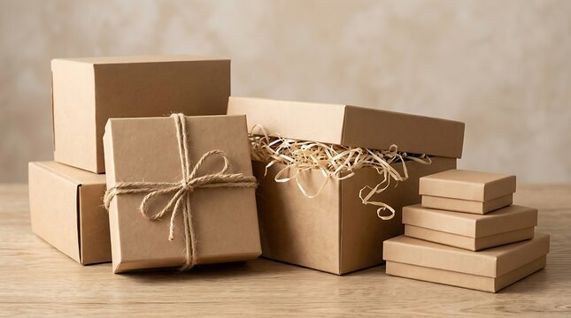 Eco-friendly kraft paper gift boxes with twine, sustainable cardboard packaging collection, rustic brown shipping parcels for small business