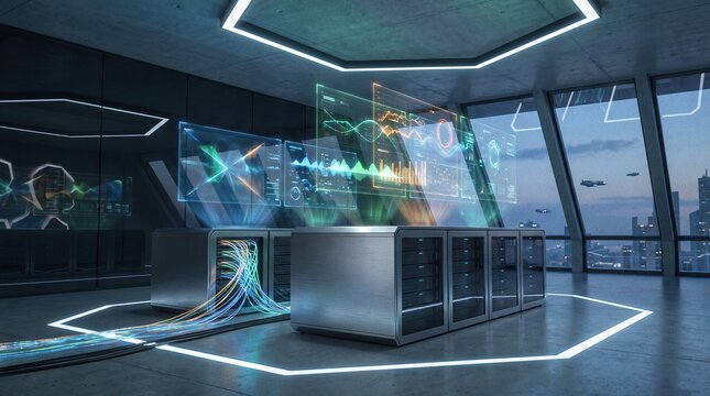 Cybersecurity professional analyzing digital threat data in futuristic server room with holographic interface