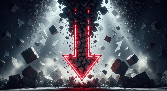 Neon red arrow crashing into dark debris.