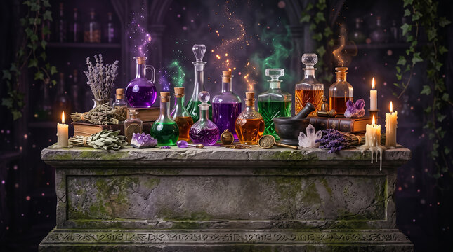 Witch apothecary display with stone altar glowing potion bottles crystals spellbooks candles and herbs