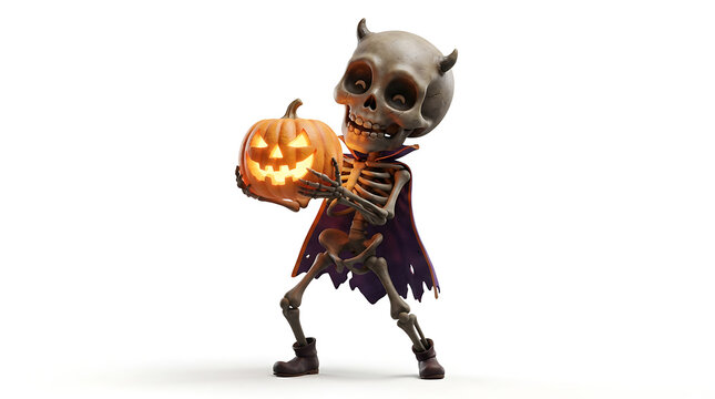 Cute Skeleton Holding a Glowing Jack O Lantern Pumpkin for Halloween with Spooky Costume and Festive Details
