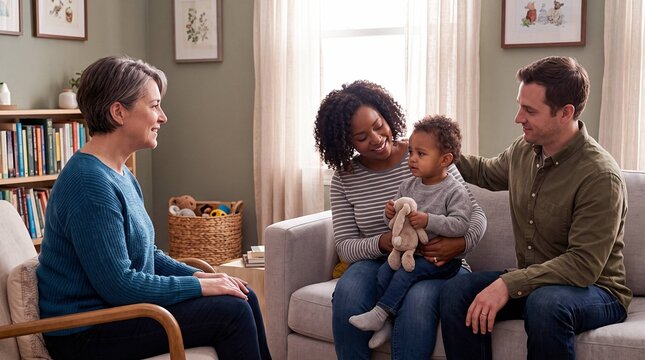 Family with toddler visiting grandmother in living room, multigenerational family therapy session