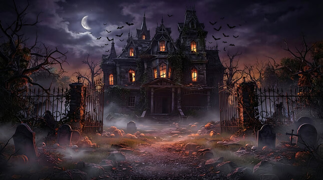 Dark Haunted Mansion in a Spooky Halloween Landscape with Fog, Full Moon, Bare Trees and Dramatic Gothic Atmosphere