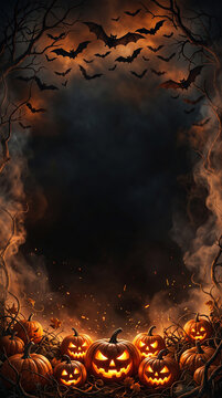Vertical Halloween story frame with glowing jack o lanterns swarming bats smoke and bare branches