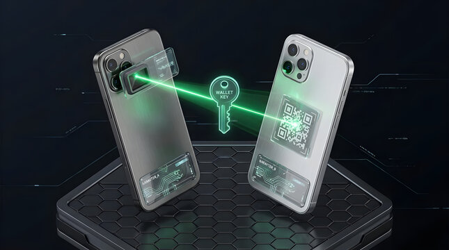 Futuristic smartphones exchange secure digital wallet keys through bright green laser beams on dark tech platforms