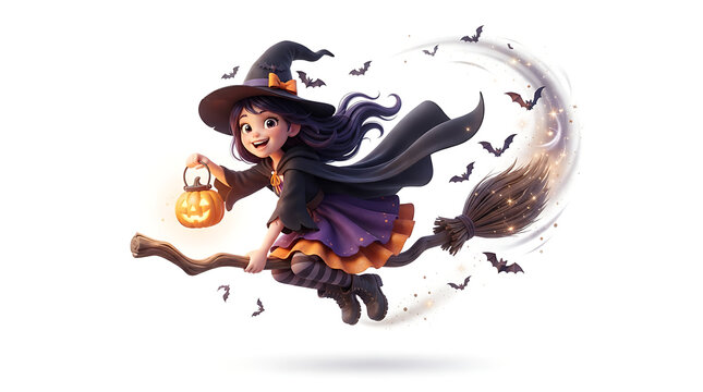 Cute Young Witch Flying on a Broomstick with a Glowing Halloween Pumpkin and Spooky Magical Decorations