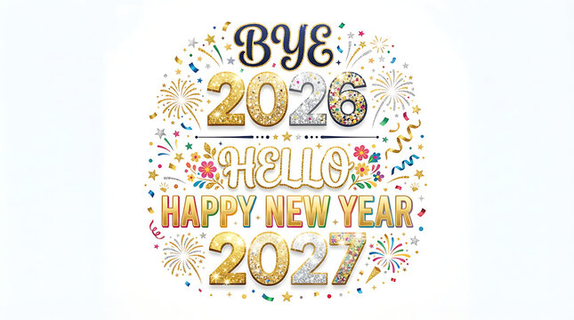 A vertical New Year's greeting stacks "BYE 2026 HELLO HAPPY NEW YEAR 2027" amid confetti and fireworks, with glitter-finish numerals in gold, silver, and rose gold and floral-accented multicolor lette