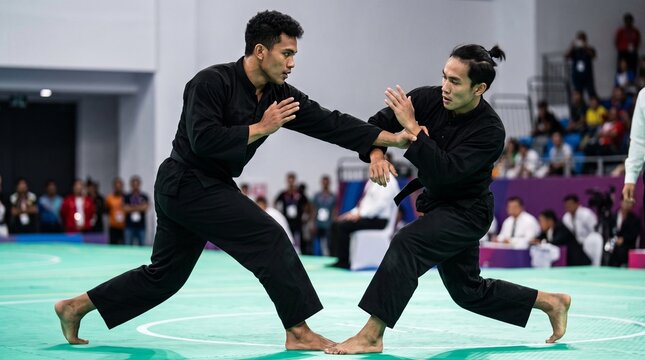 Pencak silat athletes performing a dynamic martial arts technique