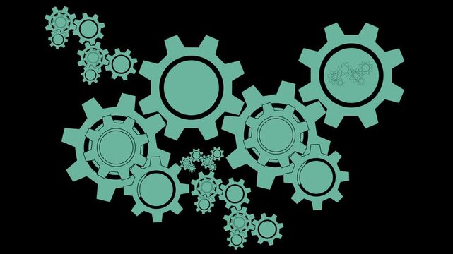 Interlocking gears animation turns cogs on black. Automated factory machinery telemetry guides interlocking gears. Smart engineering technology progress powers gears.