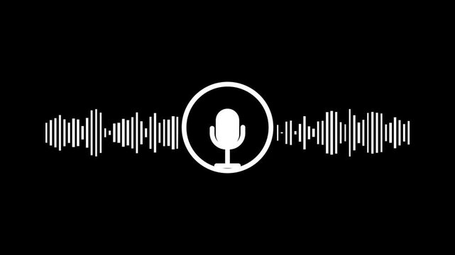Displays a white microphone icon enclosed within a thin white circle, placed in the middle of active sound wave lines on a black background.