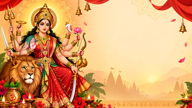 Sacred Goddess Durga Portrait for Maha Navratri Durga Ashtami Mahanavami Vijayadashami and Traditional Hindu Celebration