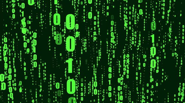 Binary code digits animation falls across a cyber matrix. Encrypted computer software programming streams in binary code. Cybersecurity data processing powers the code.