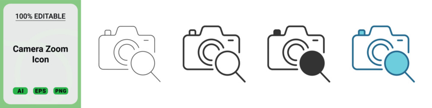 Camera zoom icons featuring a magnifying glass over a camera lens in various line and fill styles