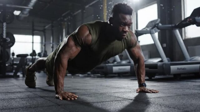 Black military man does push ups in gym during workout session