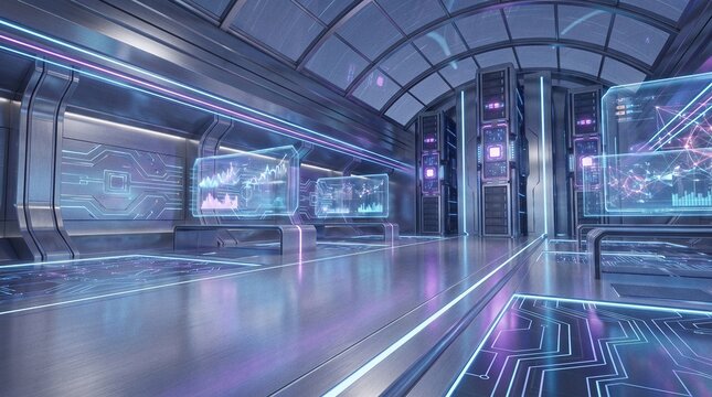 Futuristic workspace professional analyzing holographic data in high-tech office with digital interface displays