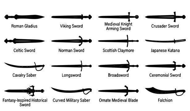 Ancient Medieval Sword Silhouette Vector Set, Historical and Military Weapon Icons