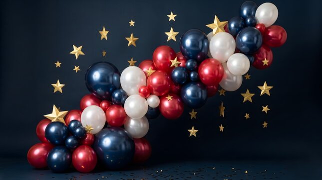 Festive red white and blue balloon garland decoration for a patriotic veterans day celebration event background