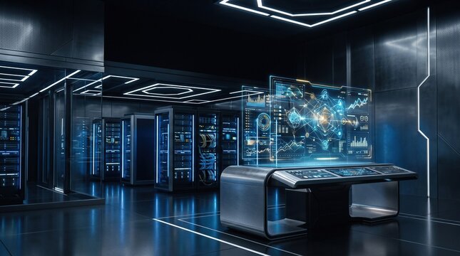 Cybersecurity professional analyzing digital threat data in futuristic server room with holographic interface