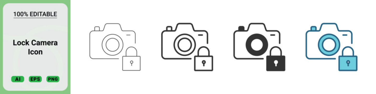 Lock camera icons in different styles including outline, solid, and colored vector designs