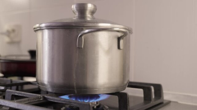 metal pot on a gas stove, using high-quality metal cookware to prepare a meal on a gas stove, copy space for text regarding energy supply and the environment