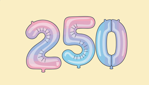 Pastel inflatable balloon numbers display the count two hundred fifty against a solid beige backdrop in this studio capture.