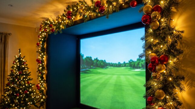 Virtual golf simulator screen decorated with vibrant christmas ornaments and bright lights in cozy indoor setting