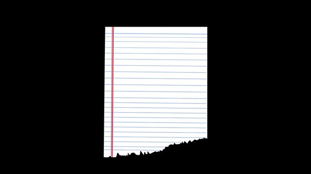 Torn lined paper animation shows ruled sheet margins on dark space. Educational writing layouts guide torn lined paper. Creative drafting uses torn lined paper.