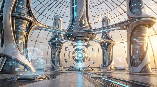 Futuristic sci-fi control room operator monitoring holographic interface in high-tech facility with ample copy space