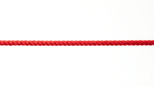 One bright red strand of rope or string stretches horizontally through the middle of a plain white frame, its twisted fibers visible in close-up detail.