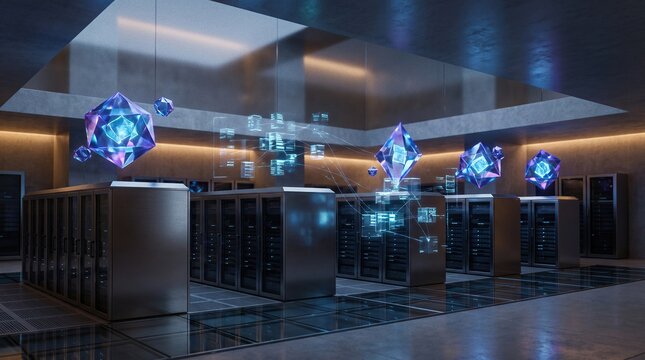 Data center servers connected by holographic network nodes in high-tech facility