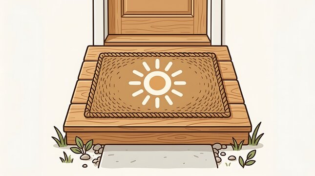 Wooden porch step and doormat with sun symbol