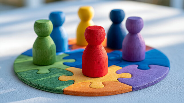 Minimalist conceptual scene with colorful wooden figures standing on colorful jigsaw puzzle pieces connected into a unified pattern, visual metaphor for community, diversity, cooperation and shared 