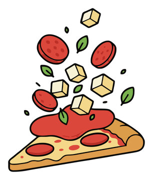 Floating pizza slice ingredients perspective vector .... Generative AI