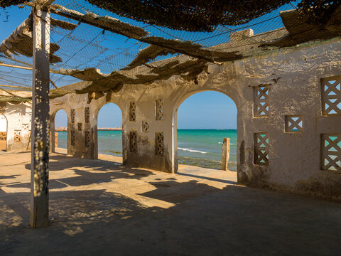 A row of crumbling arches stands in a restaurant destroyed during the civil war, Obock Region, Obock, Djibouti