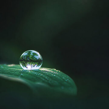 Macro Water Droplet on Fresh Green Leaf with Morning Dew and Dark Copy Space for Nature Design