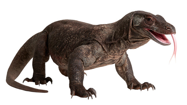Komodo dragon lizard with dark scaly skin and pink forked tongue extended