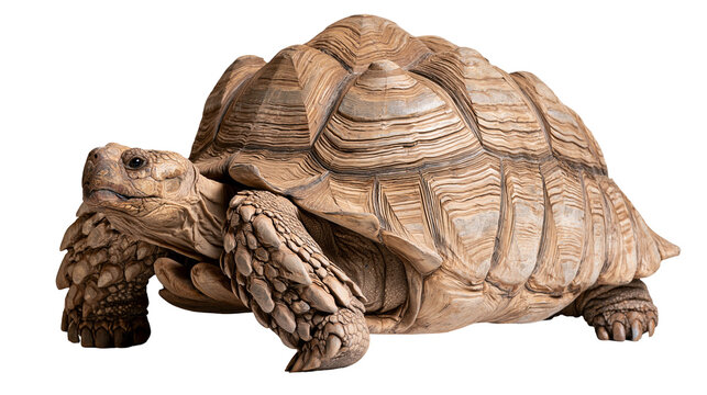 Large African spurred tortoise with textured brown shell and scaly skin