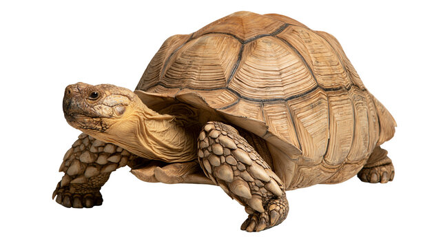 Large African spurred tortoise with textured brown shell and scaly skin