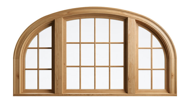 Arched wooden window frame with multiple panes and natural oak texture