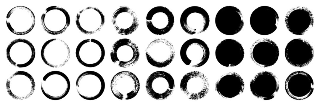 Grunge circles, brush strokes, lines, ink smudges, hand-drawn scribble shapes. Handmade sketchy marks, acrylic stains, charcoal streaks. Paint textures, dry brush effect. Vector illustration