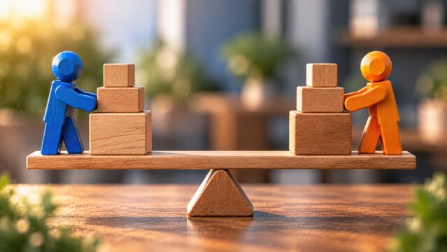 Two wooden figures balancing stacks of blocks on a seesaw, representing equality, fairness, and balance in business.